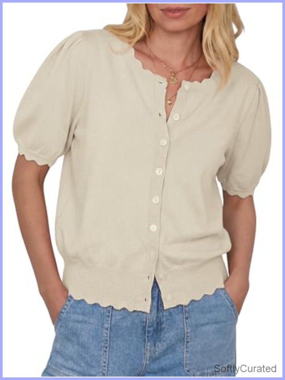 Short Sleeve Button Up Cardigan Scalloped Crewneck Puff Sleeves Knit